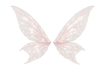 Pair of translucent fairy wings with delicate pink veins and sparkling glitter against a transparent background