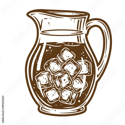 Vintage Grunge texture Illustration of a pitcher filled with ice cubes and liquid on white background