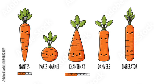 Cute Kawaii Carrots Variety Pack Vector Illustration, Adorable Vegetable Characters with Different Shapes for Food Education and Healthy Eating Promotion