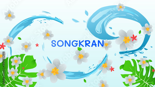 Songkran Thai New Year Water Festival Splash Vibrant flowers and joyful. For ads, web design, marketing. Vector illustration.