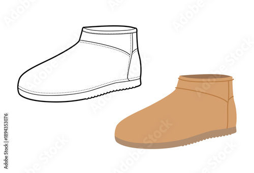 Tan mini winter boot women color plus line set. Low shaft cozy boot for footwear guide page and lifestyle project. Technical fashion illustration CAD mockup mixed vector man unisex isolated style.