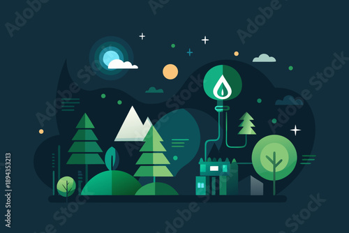 Eco friendly factory with trees and mountains under a night sky
