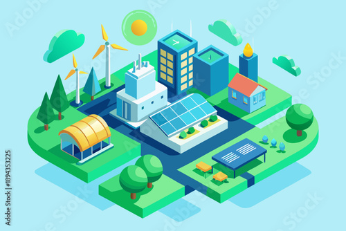 Ecofriendly city with renewable energy sources and green spaces solar panels