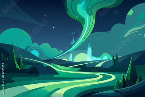 Futuristic cityscape with green and blue hues and a winding road abstract
