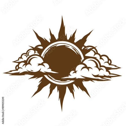 Vintage Grunge texture stylized illustration of sun with clouds in brown and white colors for graphic design  simple celestial body with sharp rays and fluffy white clouds