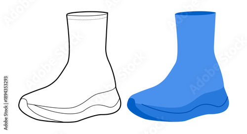 High top stretch blue sneakers shoe flat plus line set. Statement sock trainer for branding, digital design, man woman unisex. Technical fashion illustration, CAD mockup, mixed vector isolated style.