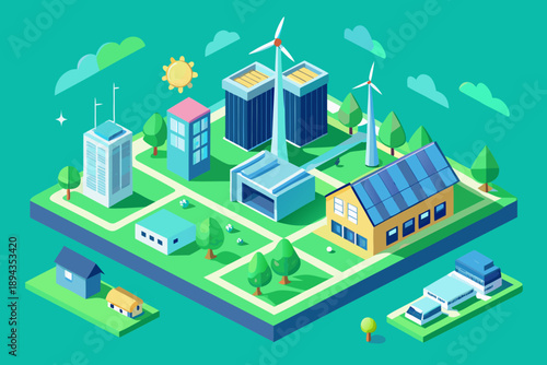 Isometric of a sustainable city with renewable energy sources and green spaces wind turbines