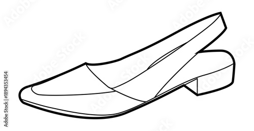 Slingback flat shoe women single line. Block heel pointed toe footwear for daytime event relaxed city look. Technical fashion illustration CAD mockup clean vector man unisex isolated modern style.