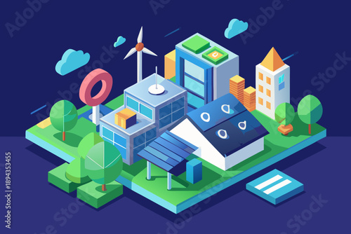 Isometric of ecofriendly neighborhood with renewable energy sources and sustainable buildings
