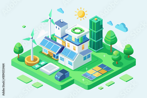 Isometric of ecofriendly neighborhood with renewable energy sources solar panels