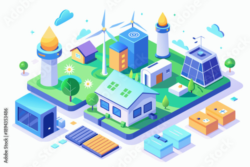 Isometric of renewable energy community with solar panels wind turbines and eco friendly buildings