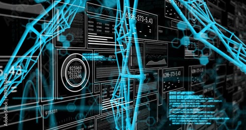 Camera shifting right and back, cyan 3D lattice rotating, pulsing, aligning with HUD for scanning