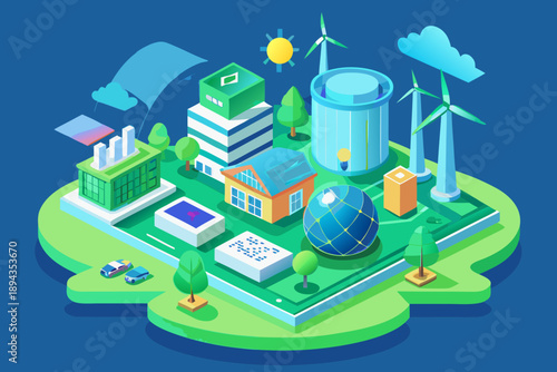 Isometric view of ecofriendly city with renewable energy sources and green buildings wind turbines