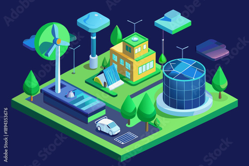 Isometric view of ecofriendly neighborhood with renewable energy sources and green architecture