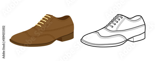 Wingtip mens brown flat plus line set. Perforated leather footwear with classic wingtip detail smart dress style. Technical illustration CAD mockup sketch vector women unisex outline isolated.