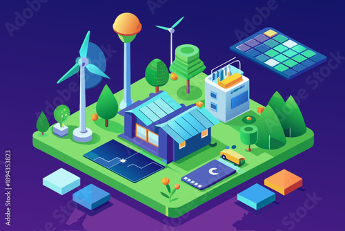 Isometric view of house with solar panel and wind turbines on green land