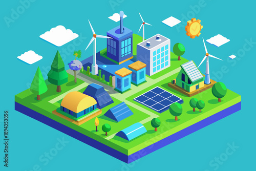 Isometric view of renewable energy sources on an island wind turbines solar panels