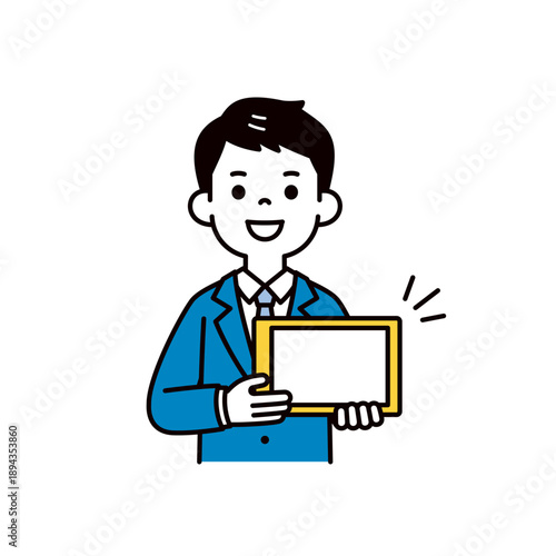 タブレット画面を見せて説明する、若いビジネスマンのシンプルな上半身ベクターイラスト素材