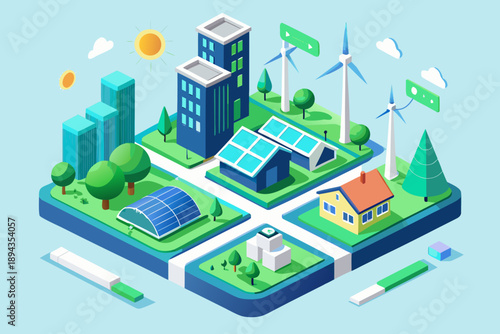 Sustainable city with solar panels and wind turbines green energy eco-friendly