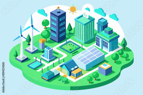 Sustainable city with solar panels and wind turbines green buildings eco-friendly