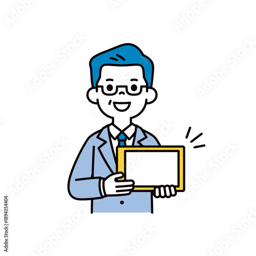 タブレット画面を見せて商談する、シニア世代のビジネスマンのシンプルなベクターイラスト素材