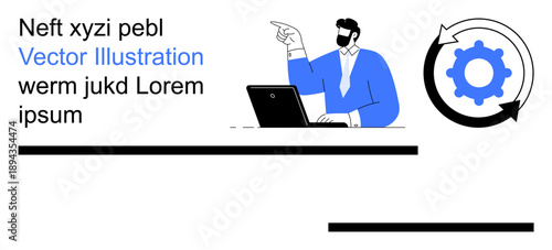 Workflow automation, team collaboration, tech development, presentation, strategy, success planning. Businessman pointing while using a laptop and gear icon. Workflow automation and team