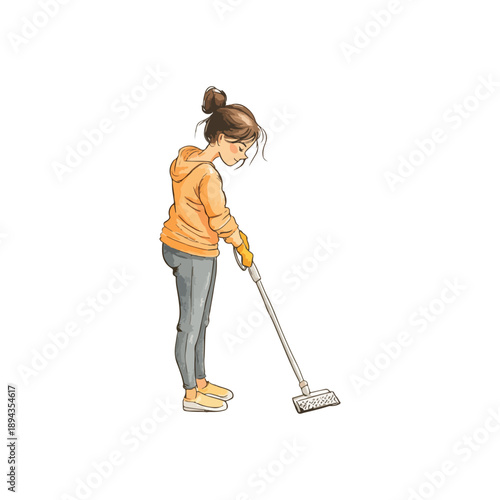 woman cleaning the floor drawn vector illustration