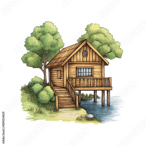 wooden house with lake view hand drawn vector illustration