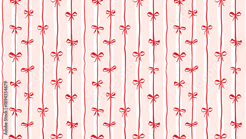 Red Bows on Pink Stripes Vector Seamless Pattern, Girly Coquette for Valentines Day Love Gift Wrapping or Greeting Cards, Fabric Textile Print Horizontal Banner Panoramic Backdrop