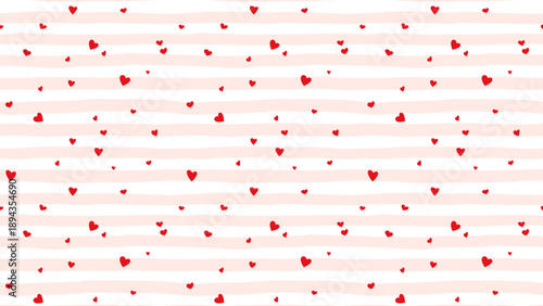 Red Small Hearts on Pink Striped Background Vector Seamless Pattern, Girly Coquette for Valentines Day Love Gift Wrapping or Greeting Cards, Fabric Textile Print Horizontal Banner Panoramic Backdrop