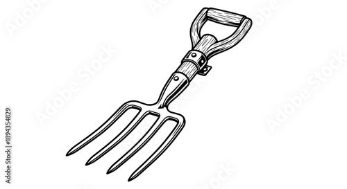 Garden Fork Vector Illustration Showing Tines and Handle in Black and White Line Art Style