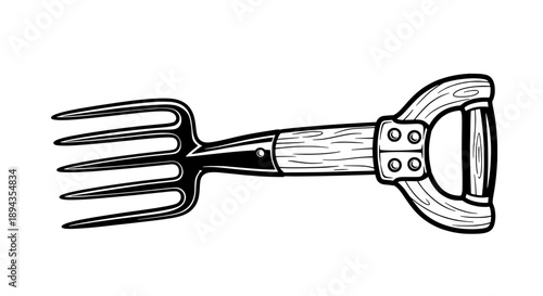 A pitchfork with a wooden handle and metal tines, vector illustration