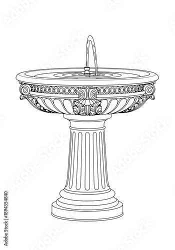 Decorative stone bird bath with fountain vector illustration on pedestal in garden landscape view