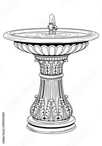 Ornate Fountain Vector Illustration Featuring Trellis, Fountain, Garden, Lattice, Wood