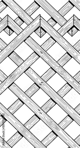 A wooden lattice garden trellis with diamond pattern viewed from directly above in a garden setting vector illustration