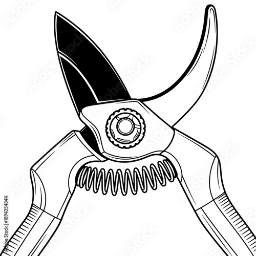 Gardening shears vector illustration in black and white showing details of pruning tool