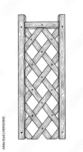 A wooden trellis with latticework pattern, showcasing wood knots and staples, in black and white vector illustration