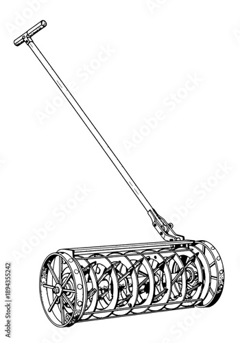 Vintage manual reel mower vector illustration with spiraling blades and long handle