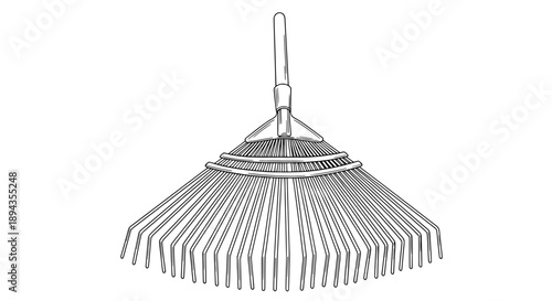 A garden rake with thin tines is depicted in a black and white vector illustration