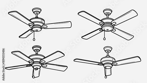 Classic Ceiling Fan Vector Set with Manual Pull String Control, Traditional Home Interior Cooling System and Air Ventilation Appliance Illustration for Retro Decor Projects