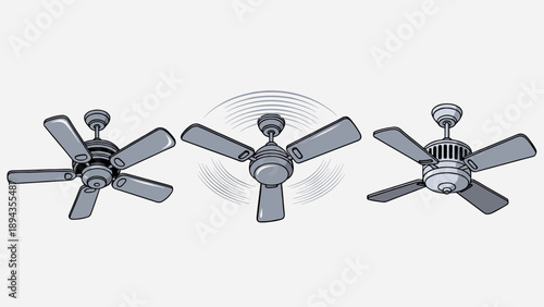 High Speed Rotating Ceiling Fan Vector with Motion Blur Effect and Industrial Design, Electric Air Cooling Appliance for Ventilation and Indoor Temperature Control Illustration.