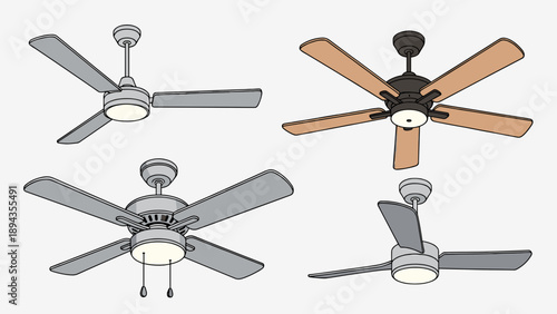 Modern Ceiling Fan Vector with Integrated LED Light Fixture and Pull Chain Switch, Contemporary Home Appliance Design for Living Room Lighting and Air Circulation Illustration.