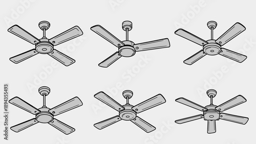 Collection of Minimalist Ceiling Fan Vector Icons with Multiple Blade Configurations for Interior Design, Ventilation System Symbols and Household Cooling Equipment Illustration.