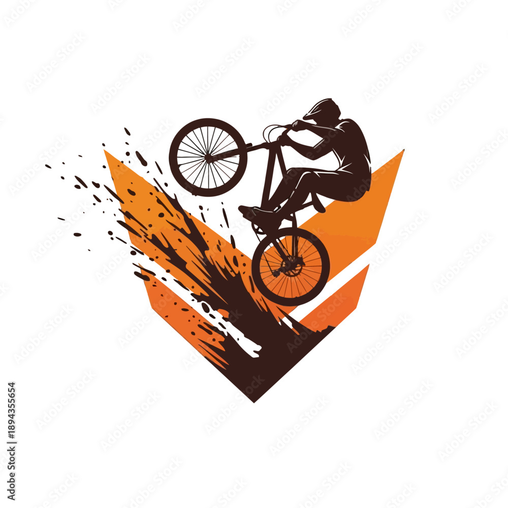 Naklejka premium Dynamic Mountain Biker in Action with Vibrant Orange Background.