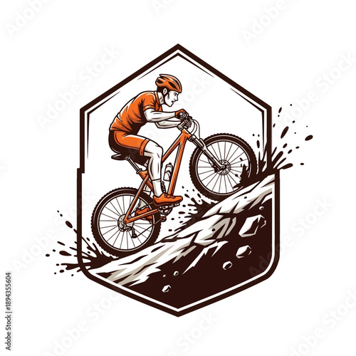 Mountain Biker Riding Downhill on Rocky Terrain.