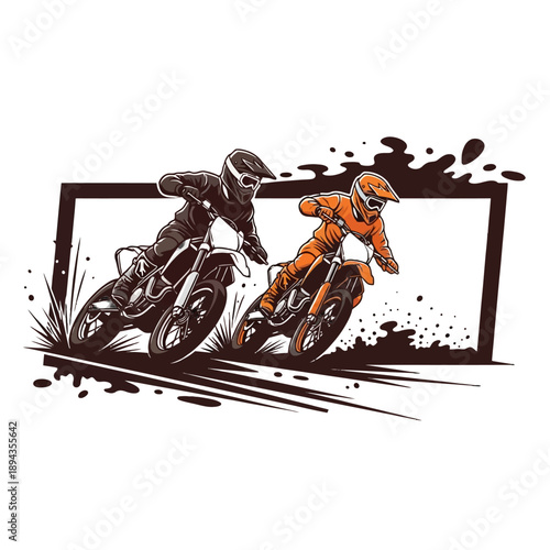 Two motorcyclists racing on dirt track with dynamic splashes.