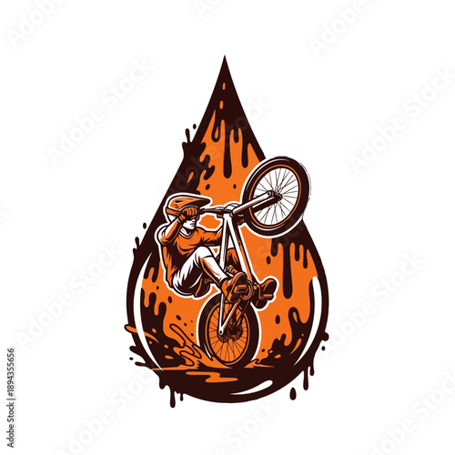 Motorcyclist performing a stunt in an orange teardrop shape.