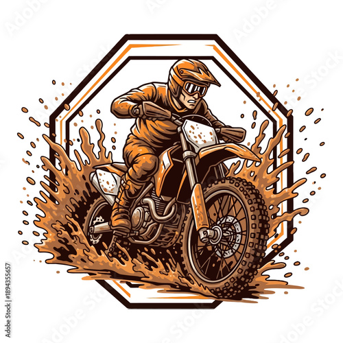 Motocross Rider Illustration with Orange Splatter Design.