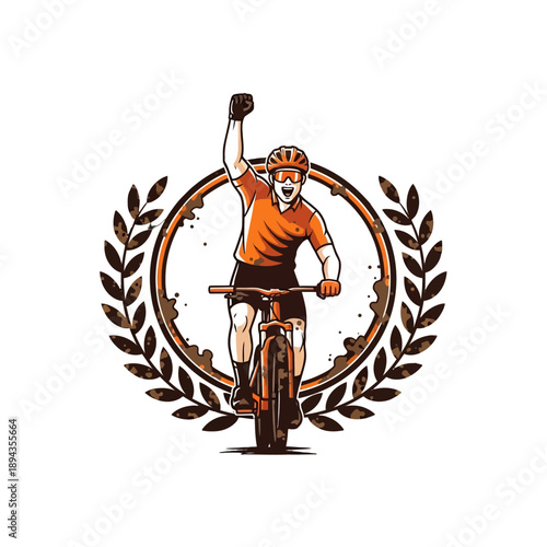 Triumphant Cyclist Riding a Bike with Laurel Wreath.