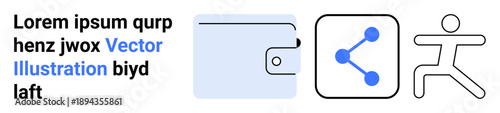 Financial management, digital sharing, health tracking, personal finance, connectivity, active lifestyle. Flat icons of wallet, share symbol and running figure. Finance and digital sharing concept